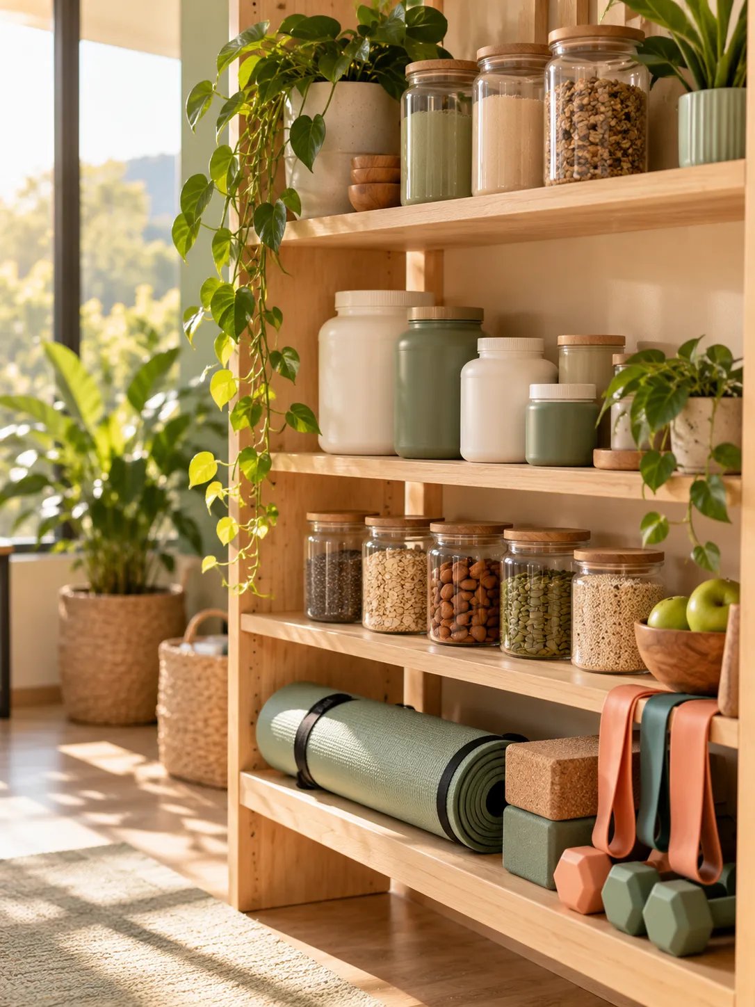 Estantería con alimentos funcionales y accesorios de entrenamiento